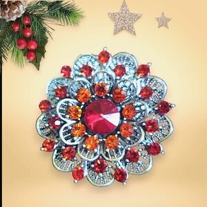 Elegant Red and Orange Floral Brooch